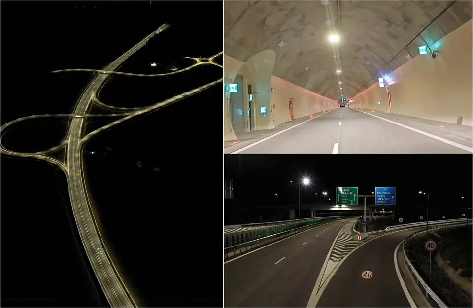 Colaj format dintr-o vedere aeriană nocturnă a unei intersecții rutiere și două imagini cu o autostradă iluminată, inclusiv o secțiune de tunel.