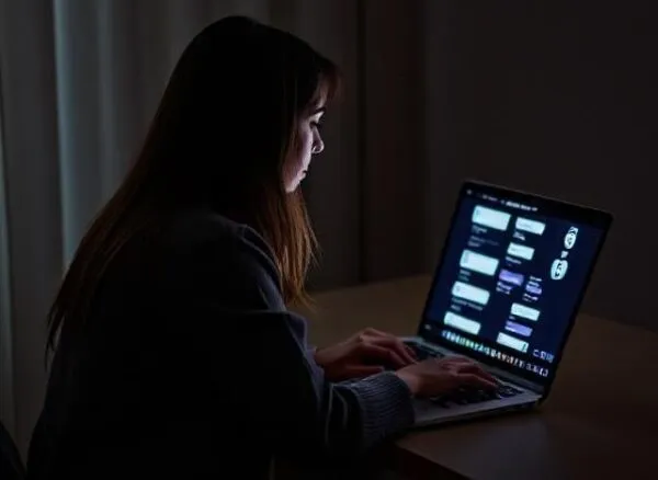O femeie cu părul lung stă la o masă și folosește un laptop într-o cameră întunecată.