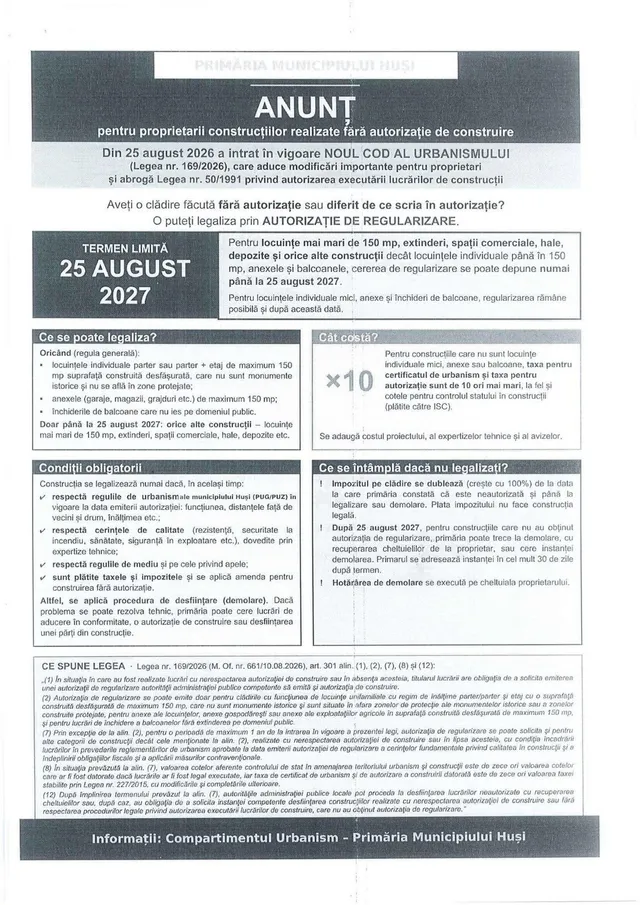 Un anunț tipărit pe hârtie albă prezintă text în limba română cu titlul ANUNȚ și detalii despre regularizarea construcțiilor sub autoritatea Primăriei Municipiului Huși.