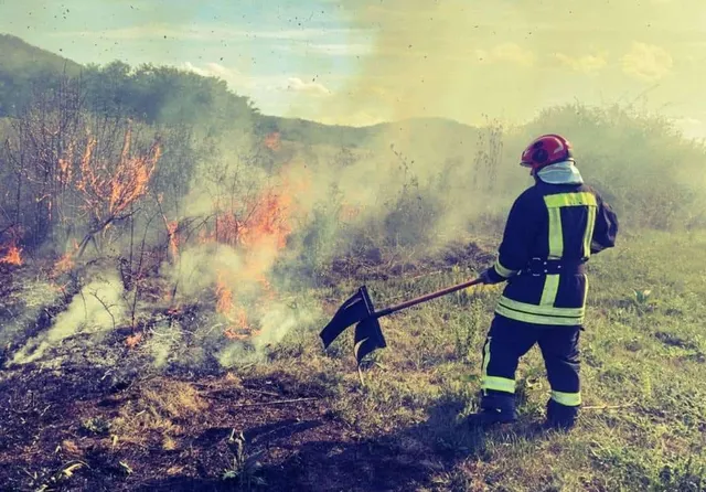Un pompier cu echipament de protecție și cască poartă un instrument cu cap dublu pe un teren cu fum și vegetație arsă.