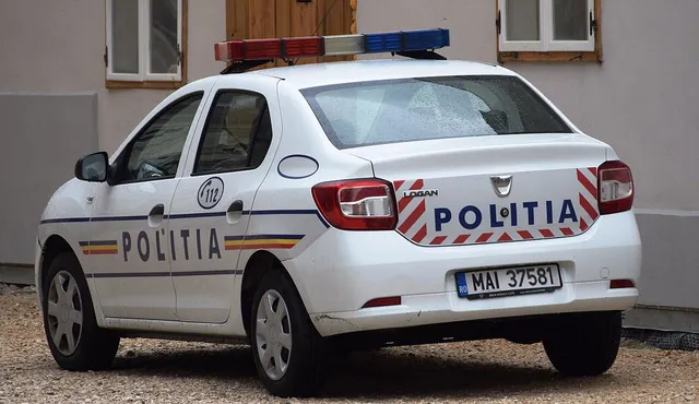 Un autovehicul alb cu inscripția POLITIA și marcajul 112 este parcat în fața unei clădiri.