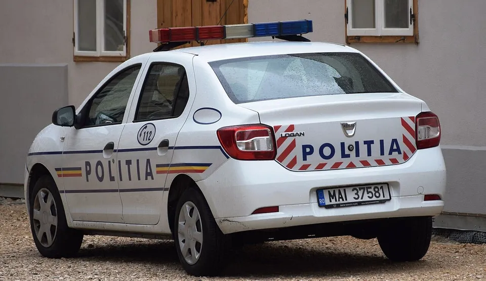 Un autovehicul alb cu inscripția POLITIA și marcajul 112 este parcat în fața unei clădiri.