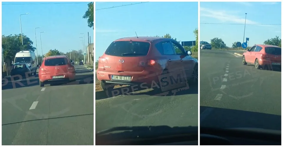 Trei fotografii surprind un autoturism roșu circulând pe un drum și o mașină albă parcată pe marginea unei străzi sub un cer senin.