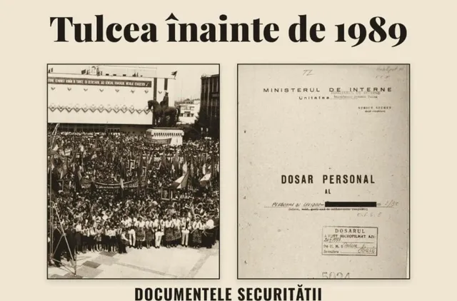 Două fotografii de tip colaj prezintă o mulțime de oameni adunată în fața unei tribune și un dosar de tip document cu text imprimat.