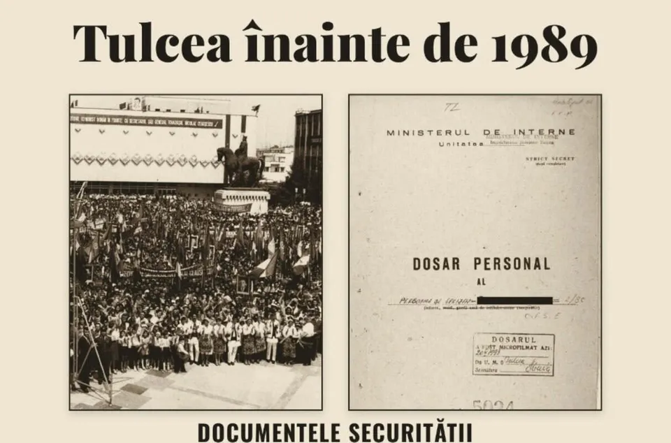 Două fotografii de tip colaj prezintă o mulțime de oameni adunată în fața unei tribune și un dosar de tip document cu text imprimat.