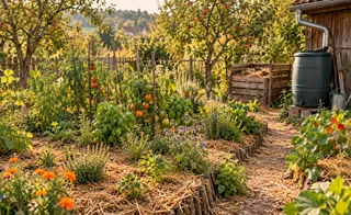 O grădină cu diverse plante verzi, flori portocalii și fructe suspendate de arbori, având un compostor de lemn și un recipient de apă negru.
