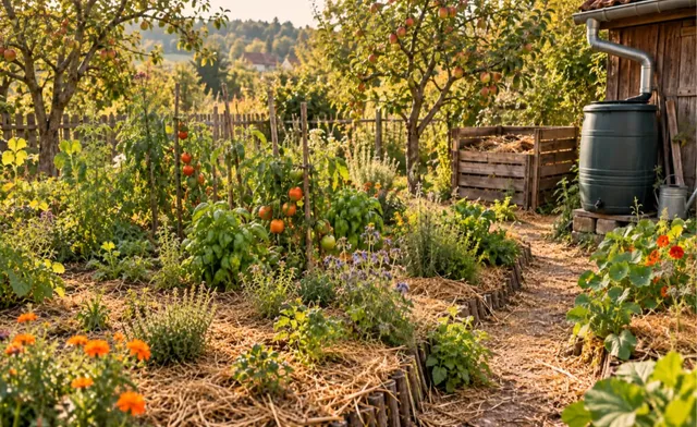 O grădină cu diverse plante verzi, flori portocalii și fructe suspendate de arbori, având un compostor de lemn și un recipient de apă negru.