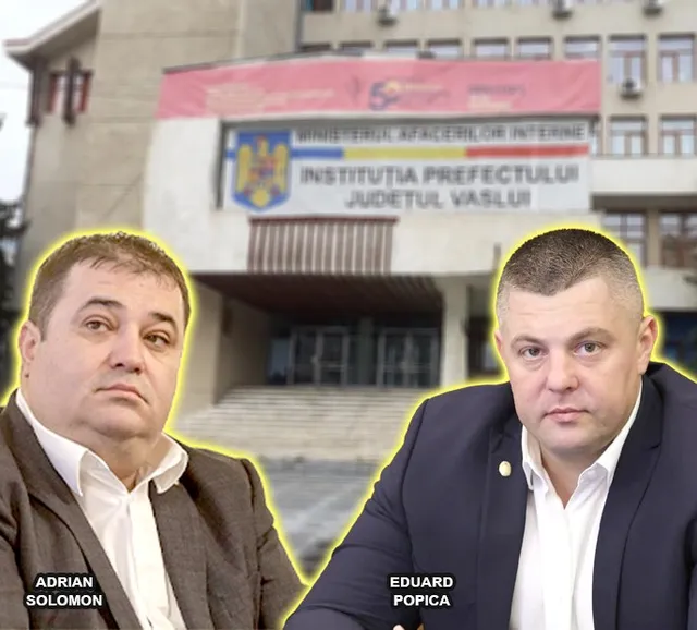 Două portrete de bărbați sunt suprapuse pe fațada unei clădiri care prezintă un panou cu textul Institutia Prefectului Judetul Vaslui.