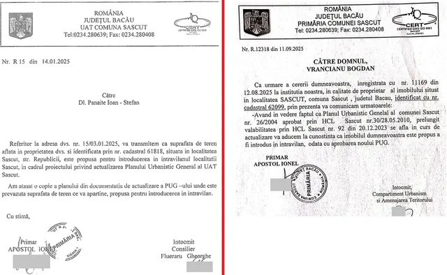 Două documente oficiale de la Primăria Sascut, datate 14.01.2025 și 11.09.2025, confirmă propunerea de includere a unor terenuri în intravilan.