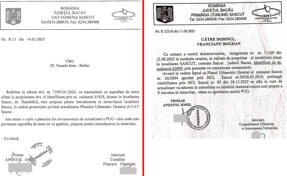 Două documente oficiale de la Primăria Sascut, datate 14.01.2025 și 11.09.2025, confirmă propunerea de includere a unor terenuri în intravilan.