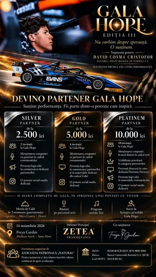 Un afiș informativ prezintă detalii despre parteneriate, oferind categorii de sponsorizare precum Silver, Gold și Platinum pe un fundal cu o mașină de curse.