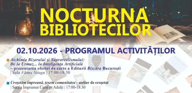 Un afiș cu text galben pe fundal întunecat care conține imagini cu cărți deschise, o lanternă și diverse ilustrații de tip carte.