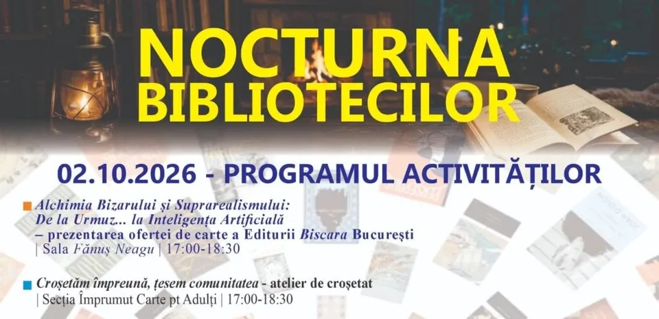 Un afiș cu text galben pe fundal întunecat care conține imagini cu cărți deschise, o lanternă și diverse ilustrații de tip carte.