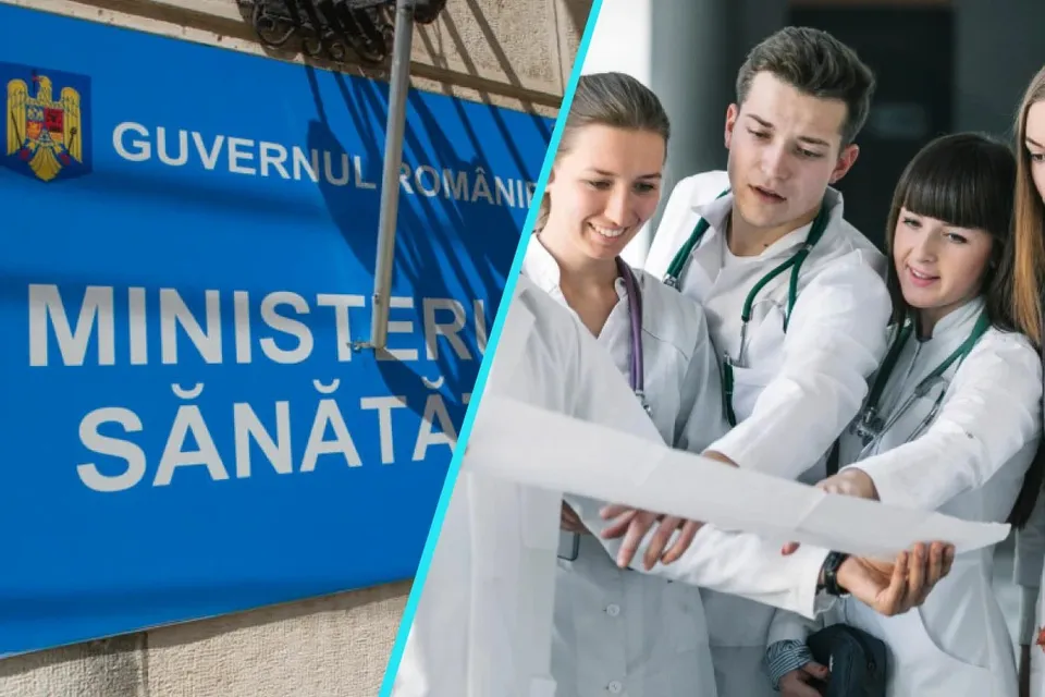 Patru persoane în halate albe stau împreună și privesc un document de hârtie într-un spațiu interior.