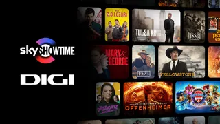 O listă de postere de filme și seriale este afișată pe un fundal negru lângă logo-urile SkyShowtime și Digi.