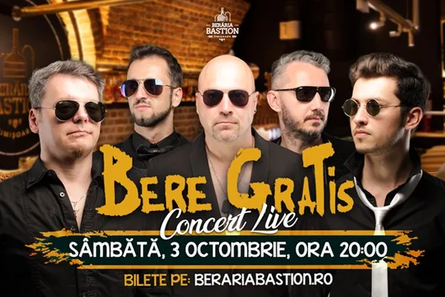 Cinci bărbați poartă haine negre și ochelari de soare, fiind așezați în grup în fața unui fundal de cărămidă.