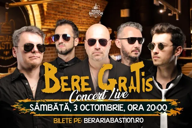 Cinci bărbați poartă haine negre și ochelari de soare, fiind așezați în grup în fața unui fundal de cărămidă.