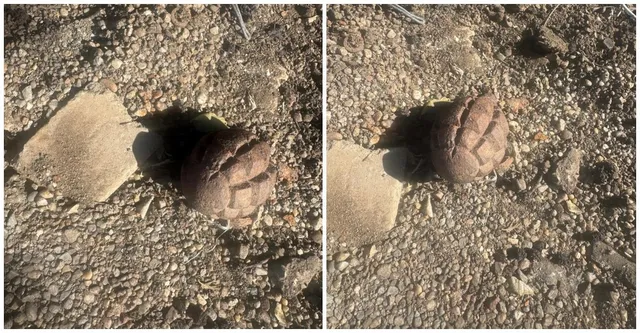 Un obiect metalic de culoare închisă cu suprafață striată este situat pe un teren cu pietriș și pământ uscat.