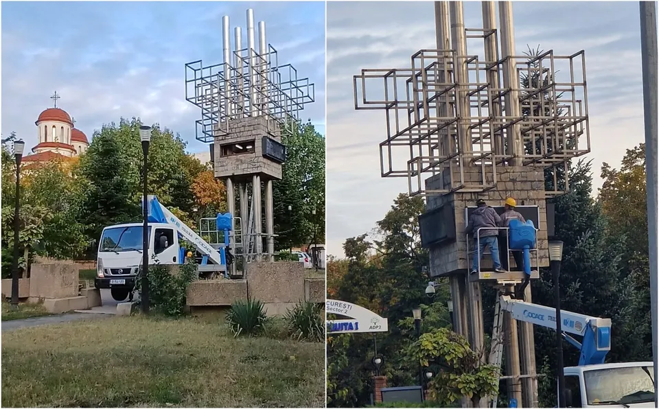 Două fotografii prezintă o nacelă și doi bărbați lucrând la o structură metalică înaltă cu un ceas integrat sub un ansamblu de tuburi verticale.