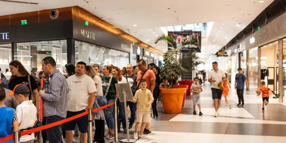 Oamenii stau la coadă în fața unui magazin dintr-un centru comercial, în timp ce alți vizitatori merg pe coridorul larg și luminat.