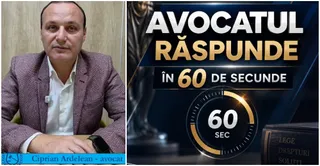 Un bărbat cu sacou purtând cămașă albă stă în fața unui fundal neutru, lângă un grafic cu textul Avocatul răspunde în 60 de secunde.