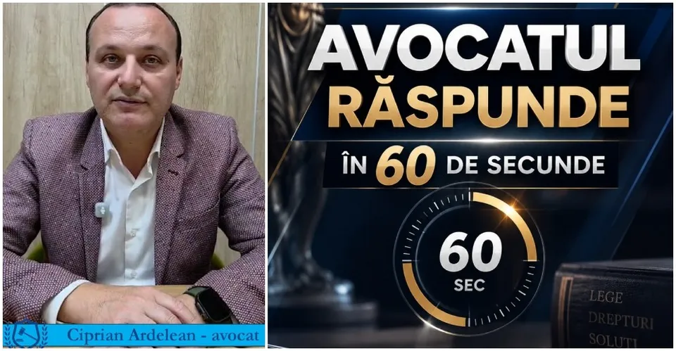 Imaginea prezintă un bărbat, avocatul Ciprian Ardelean, alături de un panou informativ cu textul „Avocatul răspunde în 60 de secunde” și un cronometru. 