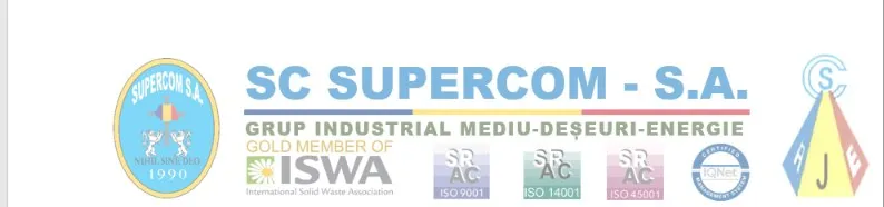 Un logo circular galben și albastru este situat în stânga unui text pe fundal alb, alături de diverse embleme și simboluri de certificare.