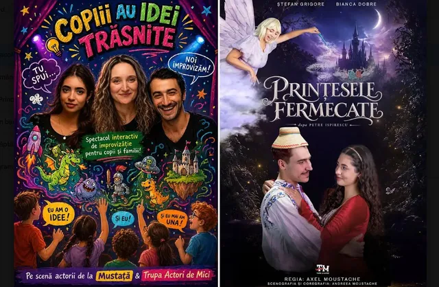 Două afișe de spectacole teatrale sunt prezentate unul lângă altul, afișând actori, ilustrații colorate și texte pe fundaluri tematice.