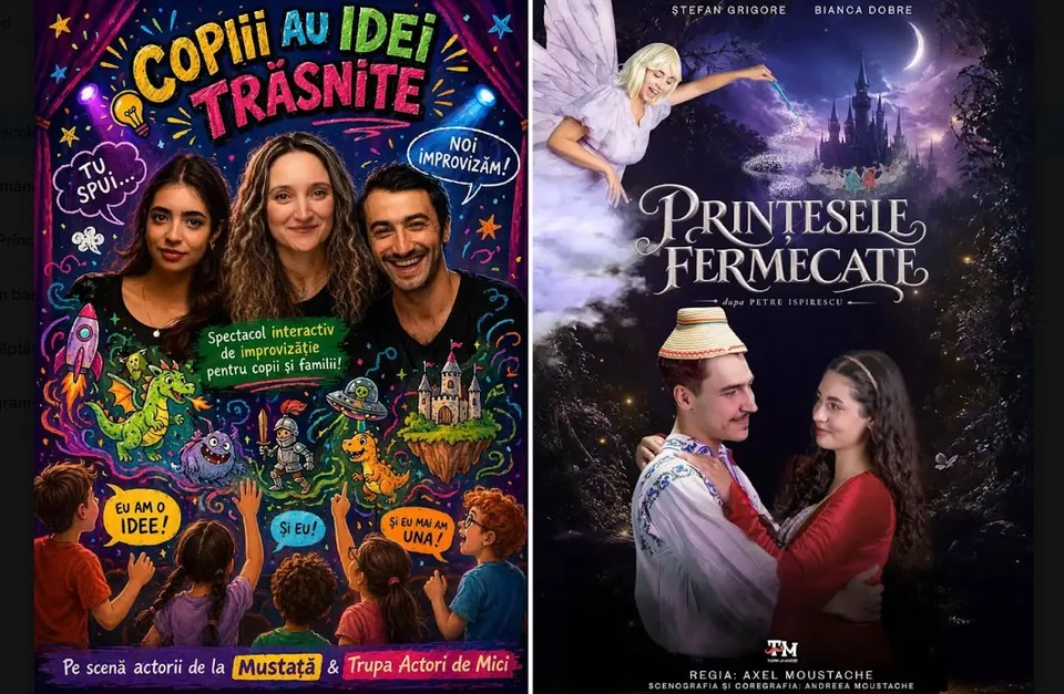 Două afișe de spectacole teatrale sunt prezentate unul lângă altul, afișând actori, ilustrații colorate și texte pe fundaluri tematice.