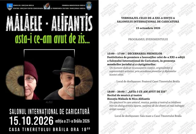 Un afiș negru prezintă două caricaturi de profil și un text informativ despre un eveniment cultural programat pentru luna octombrie.