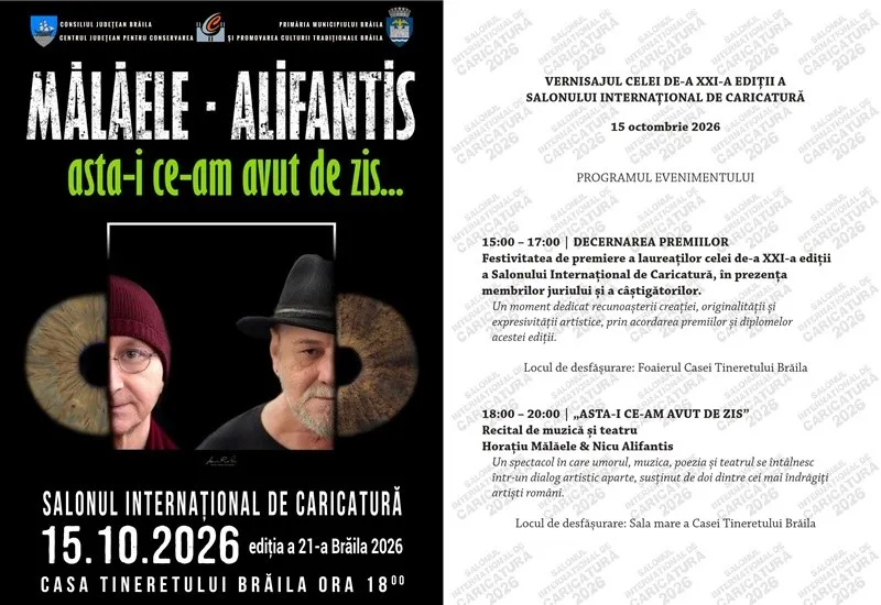 Un afiș negru prezintă două caricaturi de profil și un text informativ despre un eveniment cultural programat pentru luna octombrie.
