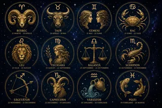 O ilustrație cu simboluri zodiacale aurii pe un fundal albastru închis, reprezentând diverse animale și figuri umane în cercuri decorate.