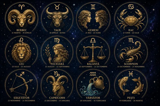 O ilustrație cu simboluri zodiacale aurii pe un fundal albastru închis, reprezentând diverse animale și figuri umane în cercuri decorate.