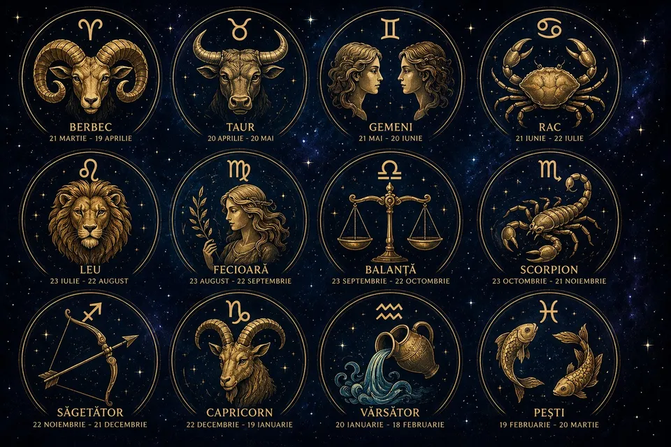 O ilustrație cu simboluri zodiacale aurii pe un fundal albastru închis, reprezentând diverse animale și figuri umane în cercuri decorate.