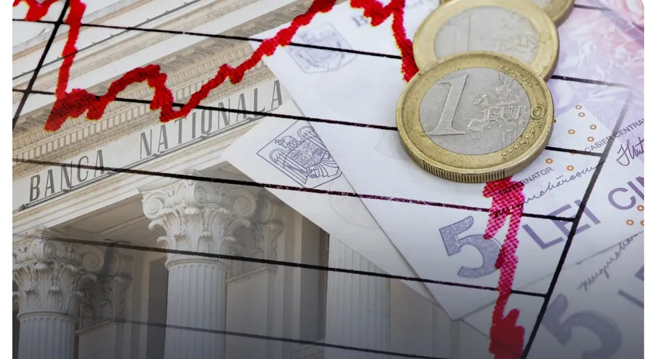Monede de un euro și bancnote sunt suprapuse peste o grafică de linie roșie și o imagine a unei clădiri cu coloane.