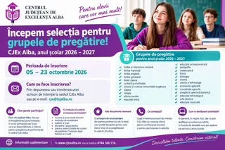 Un afiș informativ prezintă text și imagini cu patru elevi așezați la o masă în fața unui panou de culoare verde.
