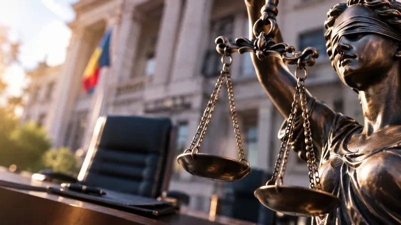 O statuie de bronz a unei femei cu o bandă peste ochi ține o balanță în fața unei clădiri și a unui scaun de birou.