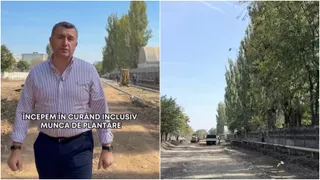 Un bărbat în cămașă cu dungi stă pe un teren de pământ lângă un drum de pietriș și un al doilea cadru cu un drum neasfaltat.