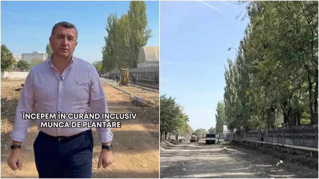 Un bărbat în cămașă cu dungi stă pe un teren de pământ lângă un drum de pietriș și un al doilea cadru cu un drum neasfaltat.