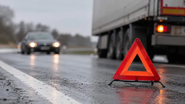 Un triunghi reflectorizant portocaliu este plasat pe un drum asfaltat umed, cu un camion și o mașină în fundal.