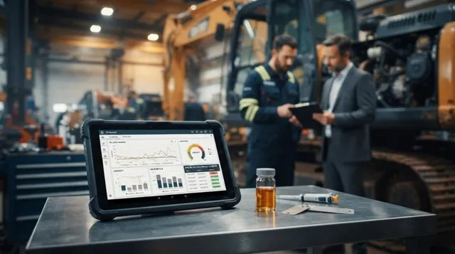 Un tabletă cu grafice stă pe o masă metalică lângă un flacon cu lichid galben și un instrument de măsură, în timp ce doi bărbați discută în fundal.