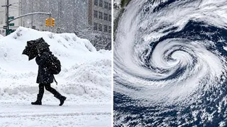 Un colaj format dintr-o persoană cu umbrelă mergând prin zăpadă și o imagine satelitară a unui vârtej de nori deasupra unui ocean.