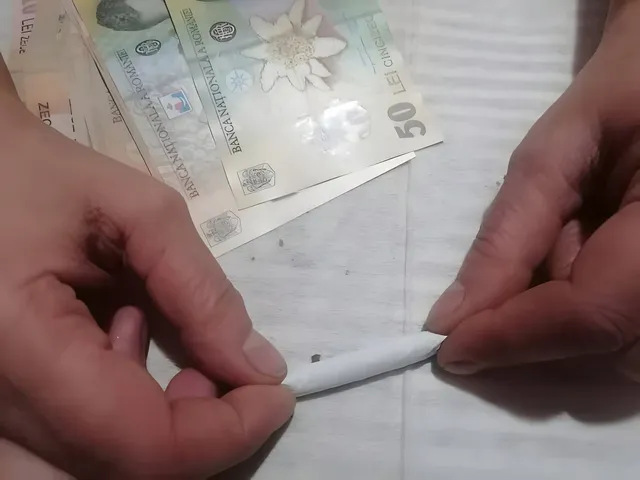 Două mâini țin un obiect cilindric alb subțire pe o suprafață plană lângă câteva bancnote de cincizeci de lei.