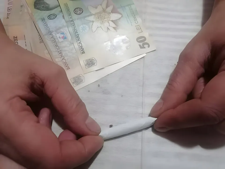 Două mâini țin un obiect cilindric alb subțire pe o suprafață plană lângă câteva bancnote de cincizeci de lei.