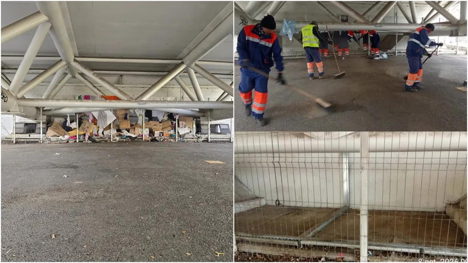 Trei persoane purtând haine de lucru colorate curăță o suprafață asfaltată sub o structură metală de susținere.