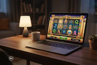 Un laptop deschis afișează un joc de sloturi colorat pe un birou de lemn lângă o lampă aprinsă și o cană ceramică.