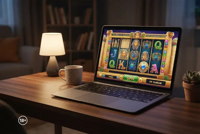 Un laptop deschis afișează un joc de sloturi colorat pe un birou de lemn lângă o lampă aprinsă și o cană ceramică.