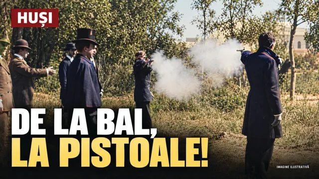Bărbați în haine închise și pălării stau în câmpie, unul dintre ei fiind orientat spre celălalt cu un pistol în mână.
