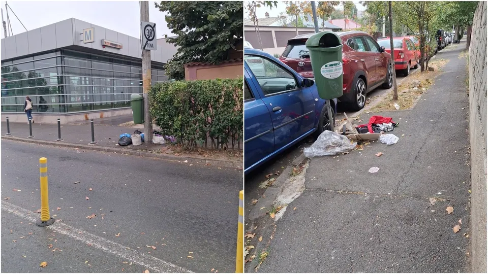 Două fotografii suprapuse arată o clădire cu fațadă de sticlă și un gard viu, alături de un trotuar cu saci de gunoi și mașini parcate.
