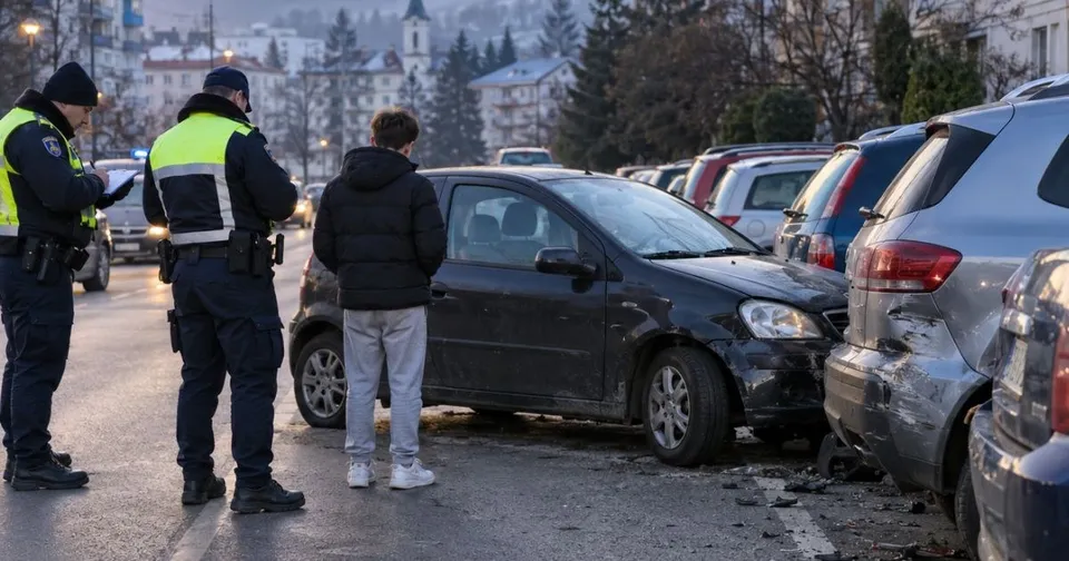 Unii polițiști și un bărbat stau lângă un autoturism negru și alte mașini parcate pe un drum.